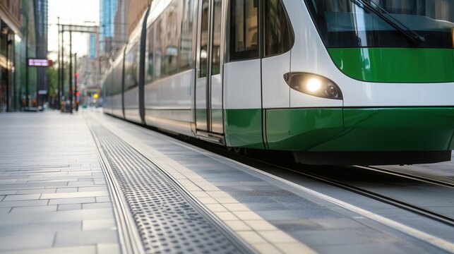 Modern tram in a city station during daylight, with green and white exterior. sustainable urban commuting