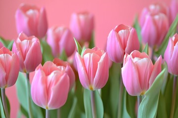 Fototapeta premium A bouquet of pink tulips arranged in a decorative vase