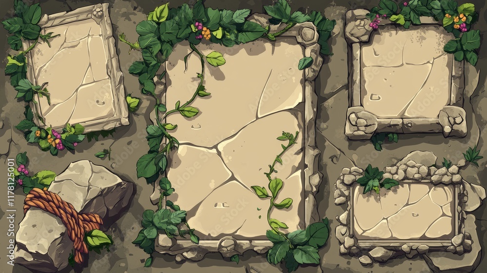 Poster stone game menu boards with vines, rope and leaves. tablets, buttons, cartoon interface plaques, fra