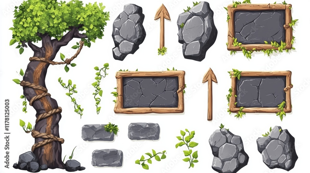 Poster stone game menu boards with vines, rope and leaves. tablets, buttons, cartoon interface plaques, fra