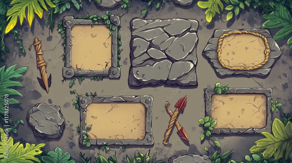Poster stone game menu boards with vines, rope and leaves. tablets, buttons, cartoon interface plaques, fra