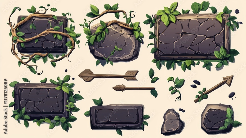 Poster stone game menu boards with vines, rope and leaves. tablets, buttons, cartoon interface plaques, fra