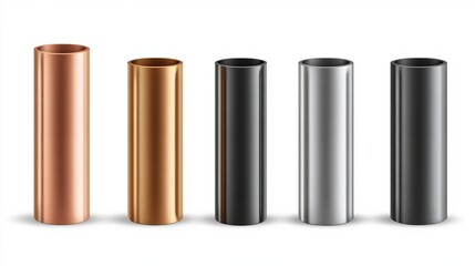 Pipes stack, straight steel or copper, metal or pvc plumbing cylinders. Industrial pieces of pipelines for conduit, factory or construction works isolated on white background. realistic 3d vector set