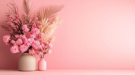 Soft pink background highlights a beautiful arrangement of pink flowers in two decorative vases, creating a cheerful and modern aesthetic suitable for any indoor space