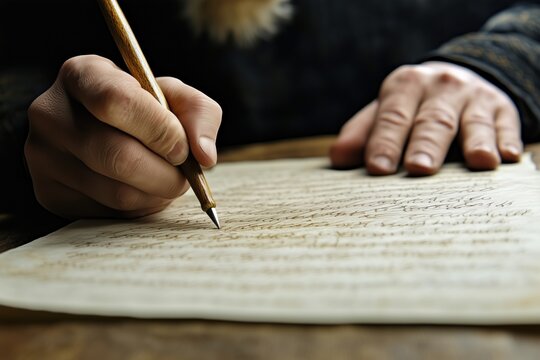 Scribe writing ancient manuscript with quill pen on parchment