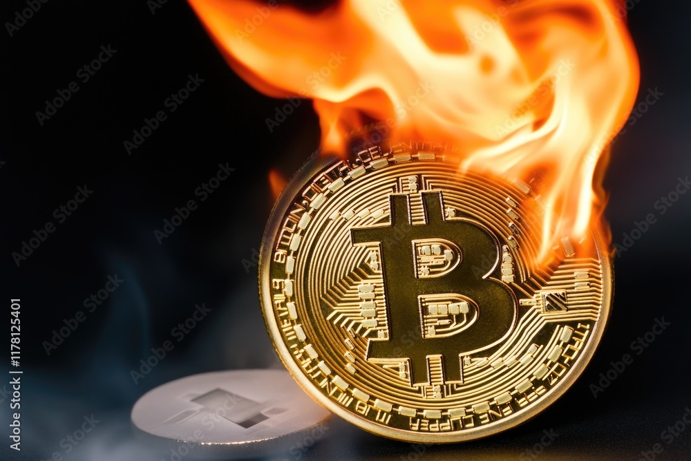 Poster a burning bitcoin coin next to its regular counterpart
