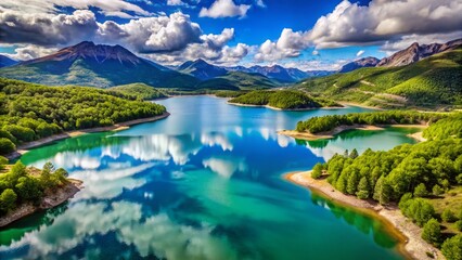 Obraz premium Stunning Aerial Drone View: Turquoise Lake Yesa, Spanish Mountains