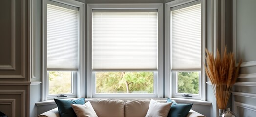 Large white pleated blinds cover bay window. Contemporary top-down bottom-up shades provide privacy. Light beige sofa with teal pillows placed near window. Outdoor green plants visible through