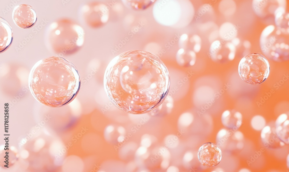 Poster an array of round, peach-colored soap bubbles floating in a transparent fluid.