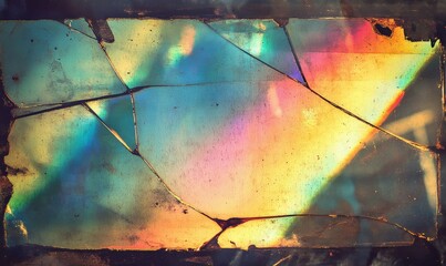Abstract stained smeared glass filter with rainbow leak effect on distressed film. Abstract grunge weathered with noise, scratches, and prism lens flare.