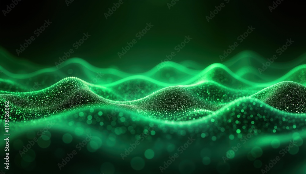 Poster Abstract digital waves form vibrant green tech background. Dynamic pattern shows smooth flowing data stream. Modern design ideal for futuristic tech concepts. Seamless, vibrant visuals. Glowing