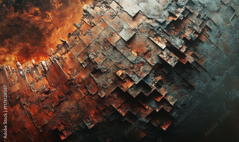 Poster an artistic rendering of a corroded metal surface with rusty reddish-orange tones, emphasizing the t