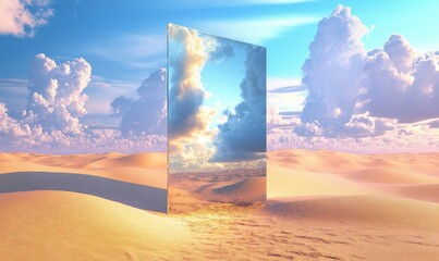 Abstract art with a mirror, sand dunes, and clouds. Perfect for conceptual ideas.