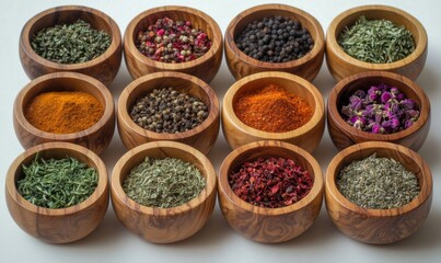 An assortment of herbs and spices in wooden bowls, ready for culinary use.