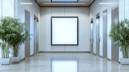 Realistic elevators with close doors and ad poster screen on wall, perspective view mockup. Office or modern hotel hallway, empty lobby interior with lifts and blank display, 3d vector illustration