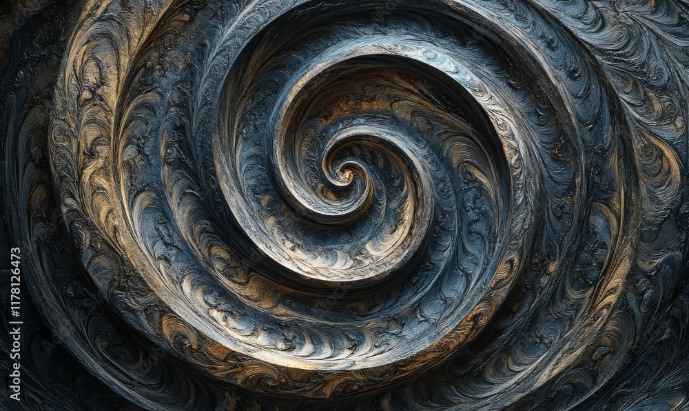 Poster abstract circular pattern with swirling designs, featuring a textured and detailed surface. modern d