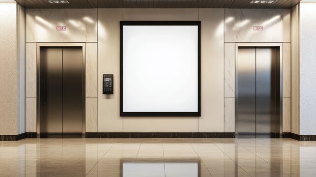 Realistic elevators with close doors and ad poster screen on wall, perspective view mockup. Office or modern hotel hallway, empty lobby interior with lifts and blank display, 3d vector illustration