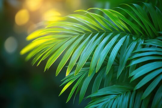 A close-up of a single green palm leaf with intricate details