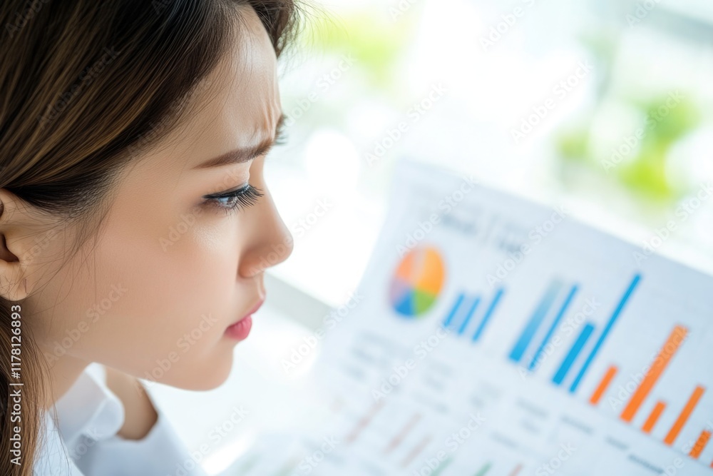 Poster a woman sits in front of a computer, studying a chart and analyzing data