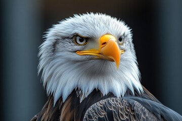 Obraz premium A close-up shot of a bald eagle's head, with its feathers and beak in focus