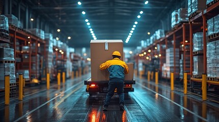 Obraz premium Worker pushing heavy boxes on a warehouse cart