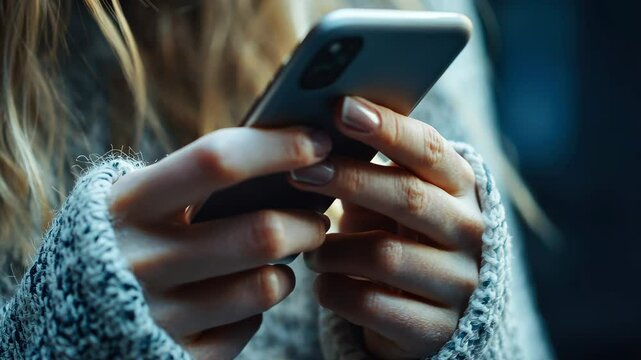 Closeup of a woman engaged in typing on her smartphone in a cozy environment during evening hours, Closeup of a woman hand typing on a smartphone, engaging in a live chat session