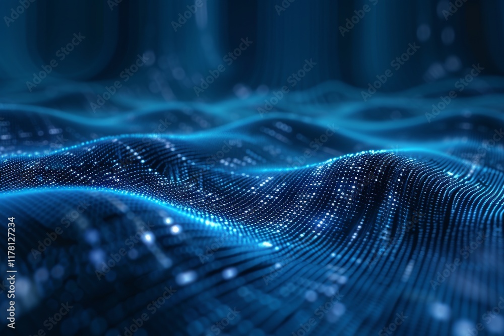 Fototapete Abstract digital technology wallpaper featuring flowing waves of blue light and particles, creating a mesmerizing visual effect in a futuristic setting