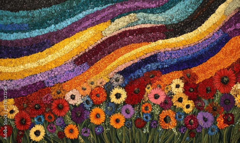 Poster aerial view of colorful flower fields in striped pattern