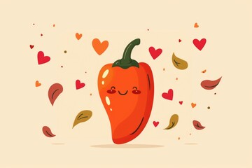 Happy chili with hearts and leaves