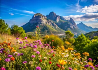 Fototapeta premium Stunning Costa Blanca Mountain Panorama with Vibrant Wildflowers near Benidorm, Alicante, Spain
