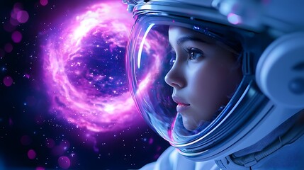 Young female astronaut gazes at a vibrant nebula in space.