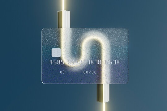 Futuristic credit card with neon-lit curved design