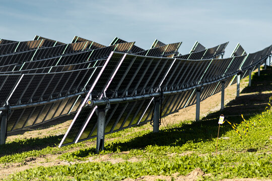 Close-up of solar panels with reflective surfaces