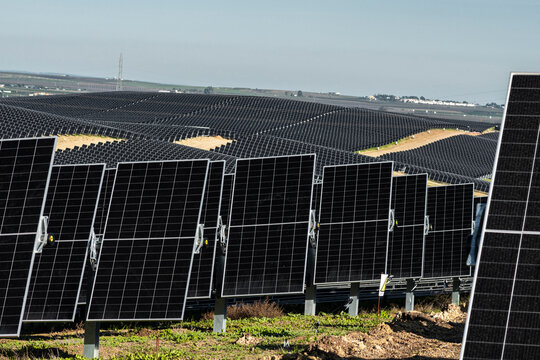 Photovoltaic solar panel array on hillside 