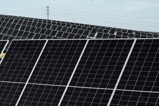 Solar energy plant with photovoltaic panels and power lines