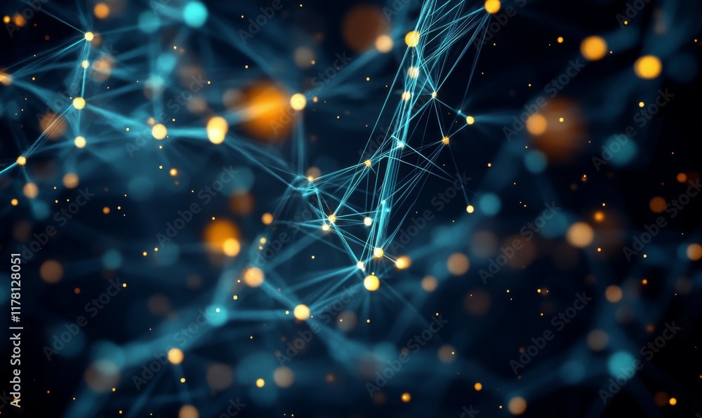 Aufkleber an abstract digital background with sparkling golden particles on a dark backdrop, representing tech