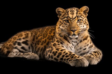 Naklejka premium A relaxed leopard reclining on a dark surface