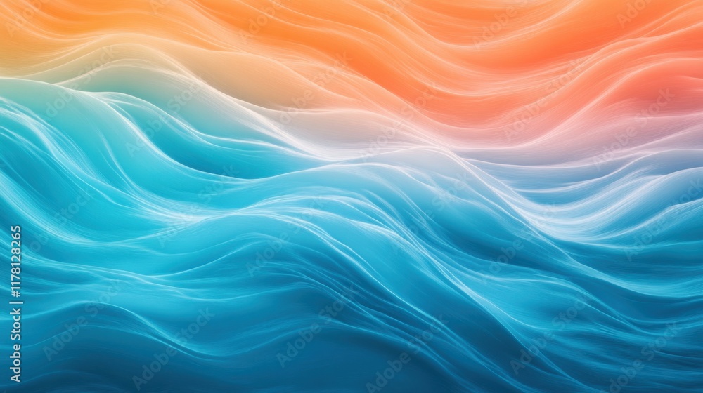 Poster abstract fluid wave pattern in blue and orange hues depicting movement and depth in a serene backgro