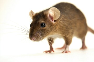 A brown rat stands on a white surface, focused on its surroundings