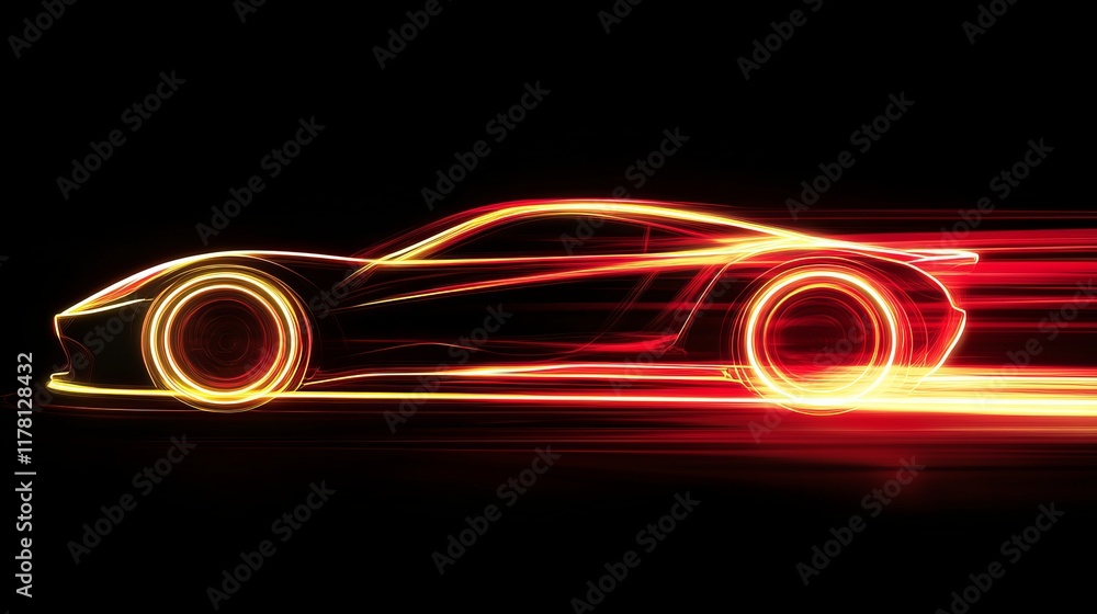 Poster high speed curves of driving line with light neon effect. red and yellow glowing dynamic trace of fa