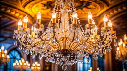 Obraz premium Stunning Panoramic View of a Crystal Chandelier in a Luxurious Interior