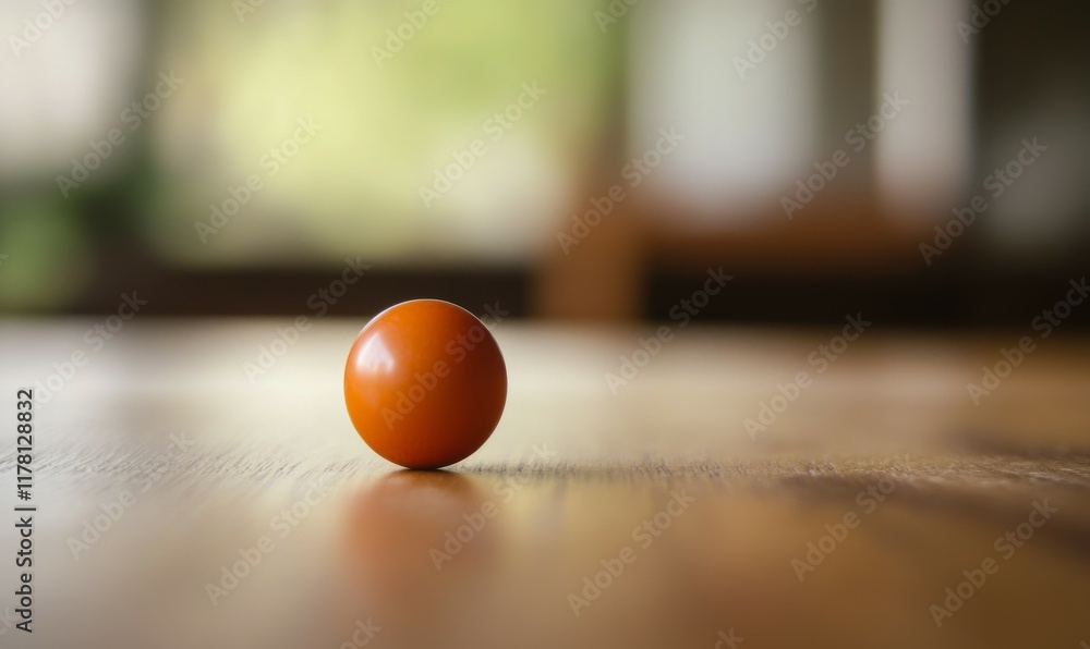 Poster ball in motion captured with focus blur, emphasizing speed and stillness on a wooden table.