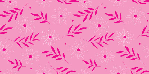 Seamless pattern with silhouettes of daisies and branches with leaves. Floral simple abstract floral print. Vector graphics.