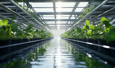 Solar powered vertical hydroponic farm. 3D illustration of a water-filled hydroponic system.