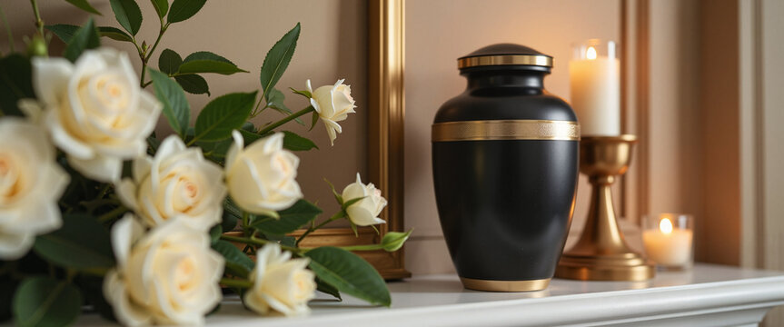 Urn for ashes with white roses and candles on mantel