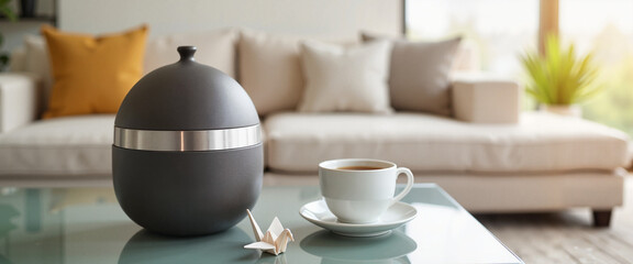 Urn for ashes with tea cup on table in living room