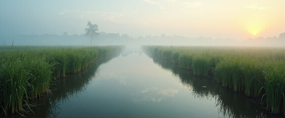Quiet Marshland at Dawn with Misty Reflections of Tall Grass and a Serene Waterway Under a Gentle Sunrise Glow