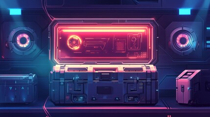 Game futuristic boxes, future technology chests open, closed. Icons of sci-fi equipment, loot boxes with electronic lock and display with neon light, vector cartoon illustration isolated on background
