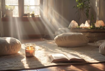 Relaxing environment with plush cushions, lit candle, and open book on soft rug. Sunlight pours in, creating a tranquil setting for reading or meditation in a nature-inspired space.