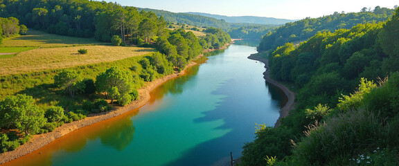 Obraz premium Scenic river flowing through lush green hills with vibrant turquoise waters capturing serene nature's beauty